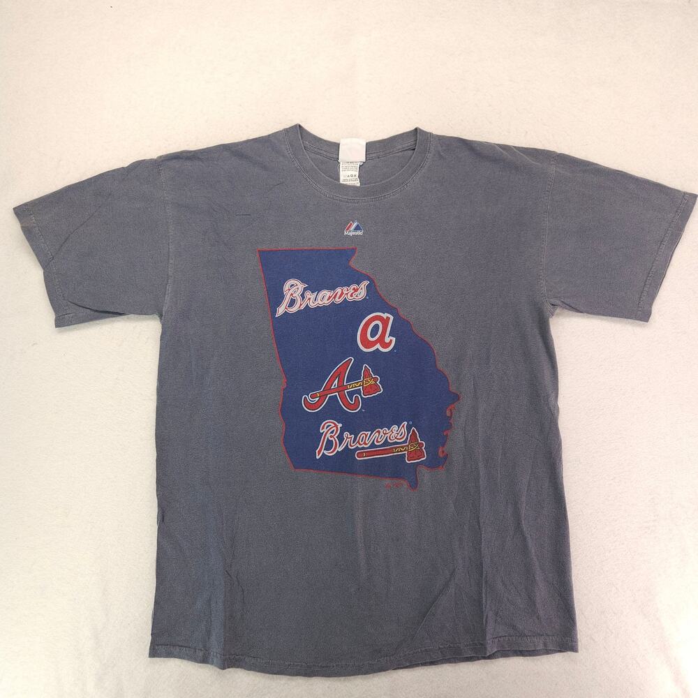 Majestic Atlana Braves Short Sleeve Graphic Baseball Shirt Mens Size L Gray - Picture 2 of 9